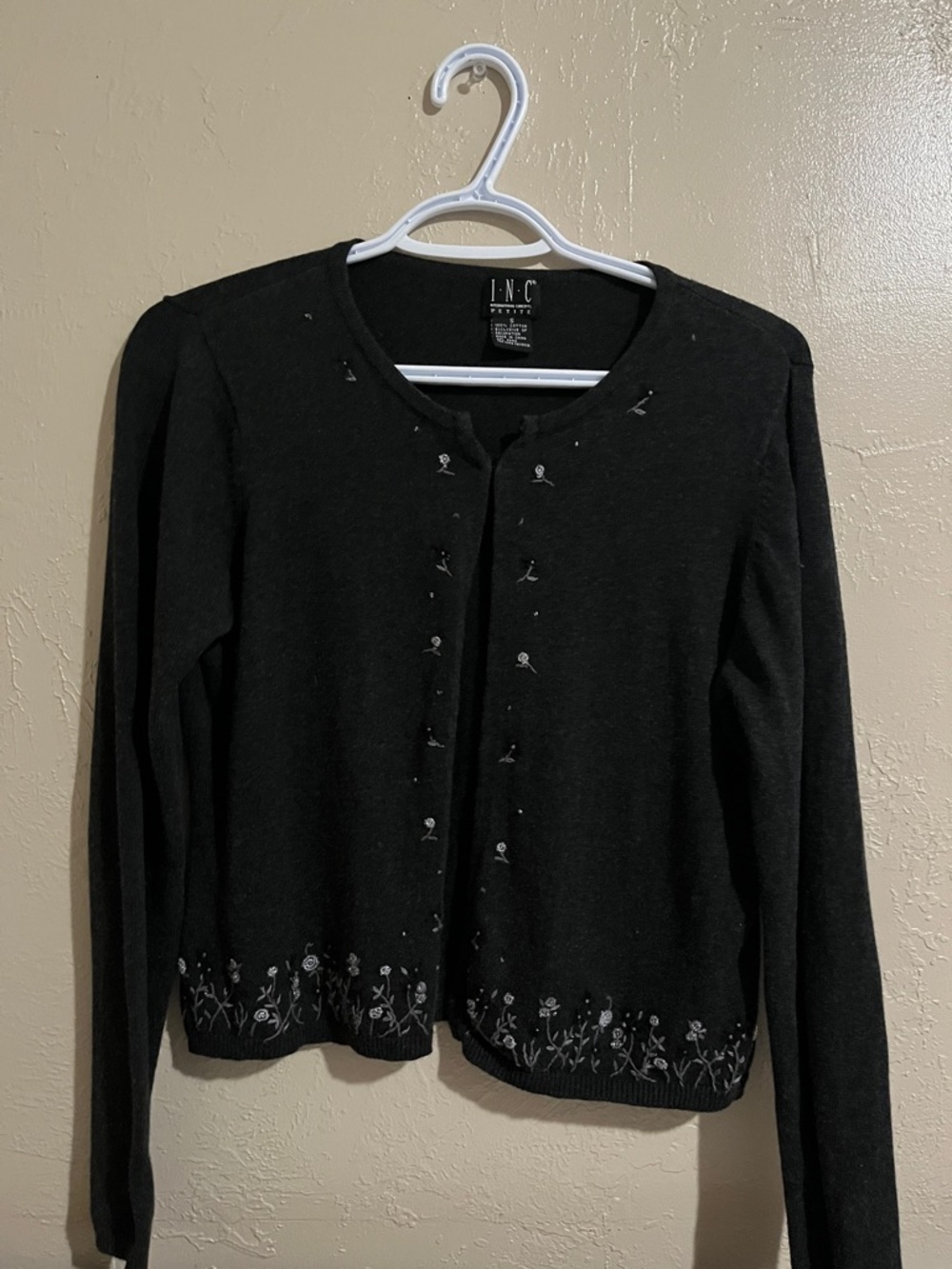 INC International Concepts Black Crewneck Cardigan with Silver Floral Embroidery